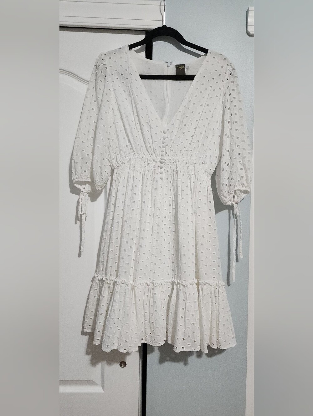 Taylor White Eyelet V-Neck Tiered Dress